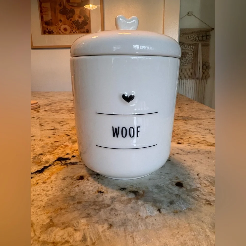 White Ceramic Dog Treat Jar with Heart Design